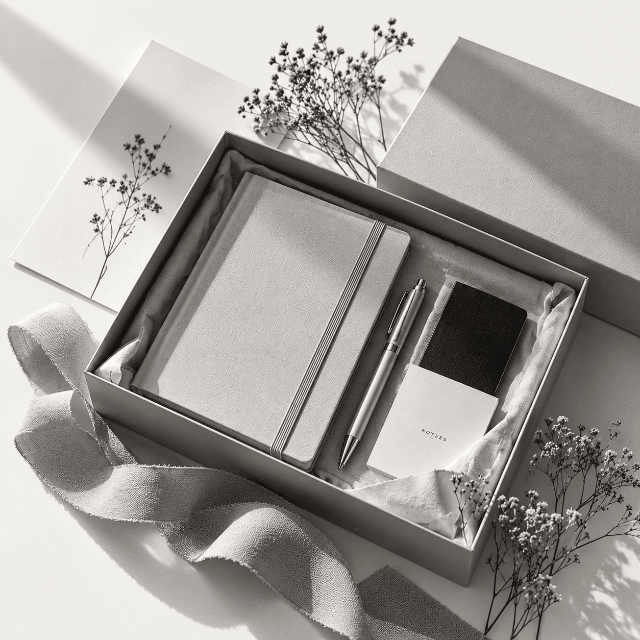 A stationery gift set with a notebook, pen and note cards arranged in a box