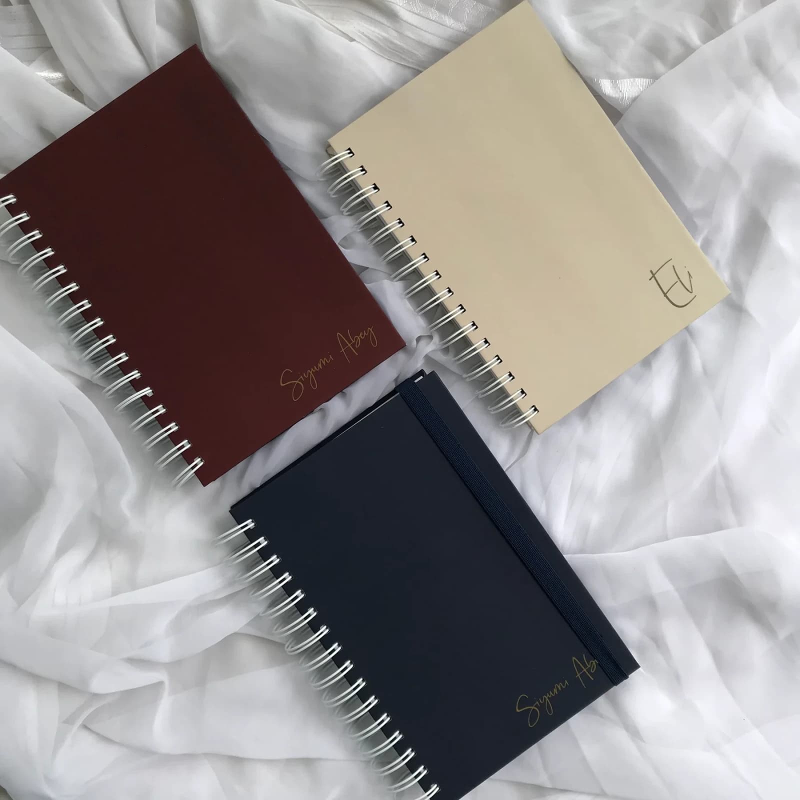 Personalised Notebook Gift Set photographed on softly styled fabric